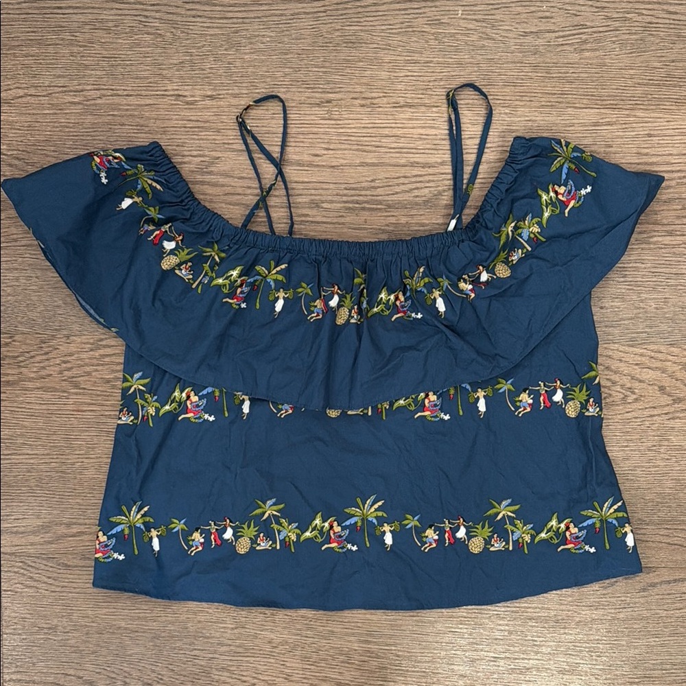 Women’s Navy Tropical Embroidered Off-Shoulder Tank Top